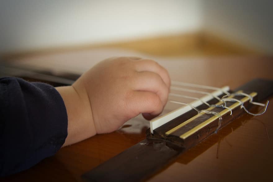 guitarra, bebé, música, instrumento, infantil, niño, mano