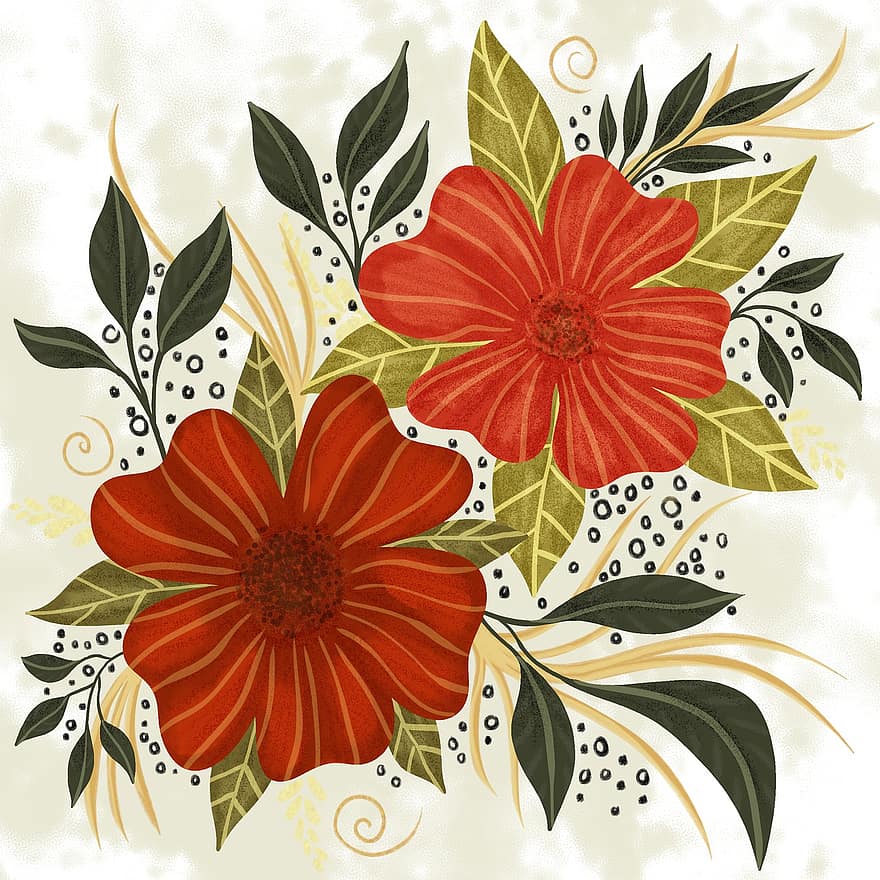 floración, pétalos, primavera, patrón floral, flora, Flores rojas, rojo, arte floral, decorativo, mural, pegatina de pared