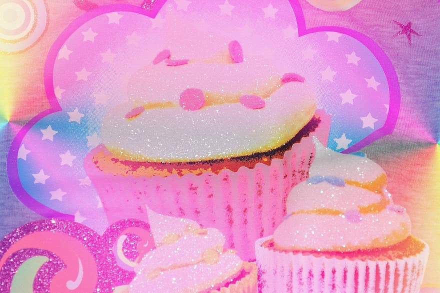 muffin, sötsaker, efterrätt, färgrik, rosa godis