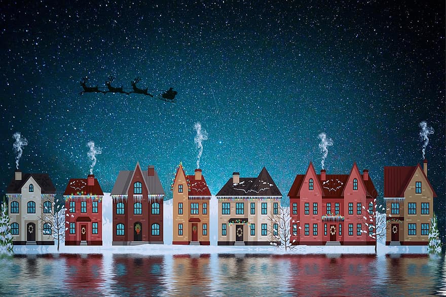 Kerstmis, hemel, nacht, blauw, huizen, reflectie, kerstachtergrond, blauwe lucht, blauw huis