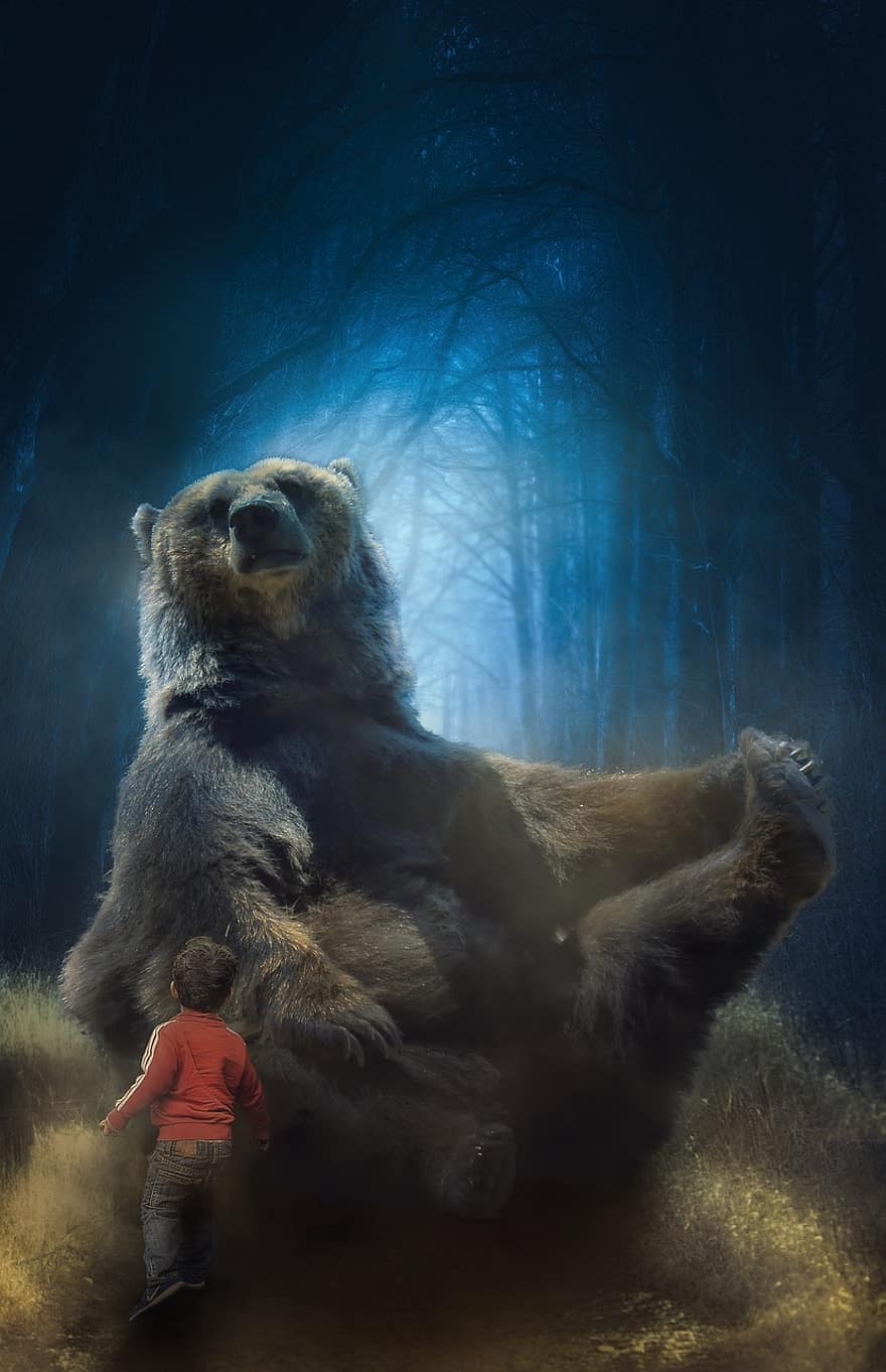 urs, băiat, pădure, noapte, lumina lunii, Întâlnire întâmplătoare, copil, copil mic, vis