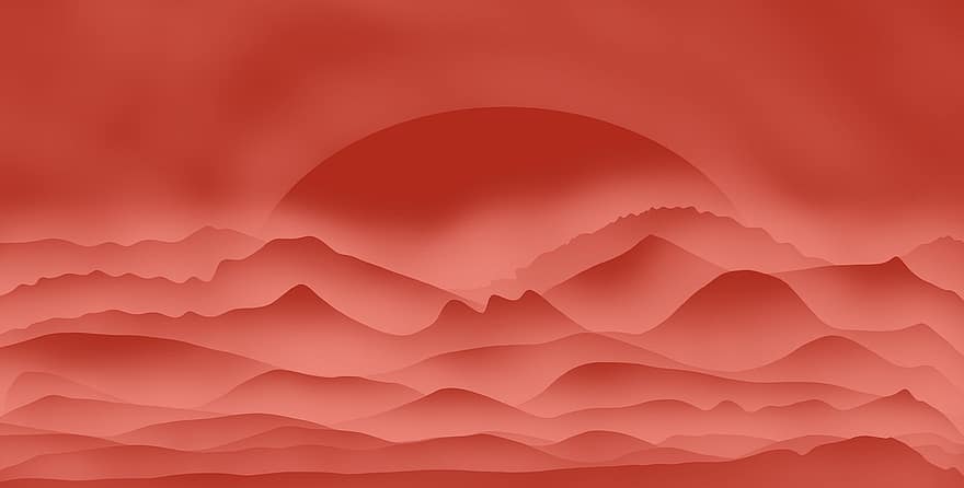 bjerge, rød baggrund, solnedgang, rød tapet, natur, landskab, tåge, skyer, bjergkæde