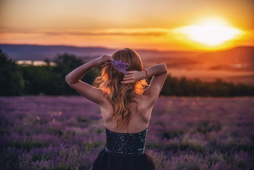 Woman, Lavender Field, Sunset, Back, Girl, Female, Lavender, Flowers, Beautiful, Dream, Nature