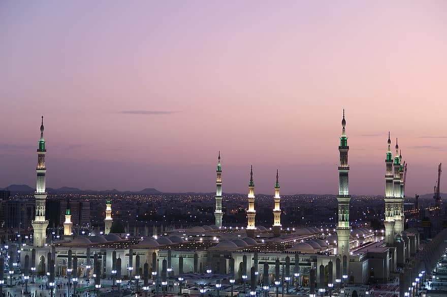 masjid, masjid nabawi, medina, minaret, arkitektonisk, religion, islam, moské, känt ställe, natt, stadsbild