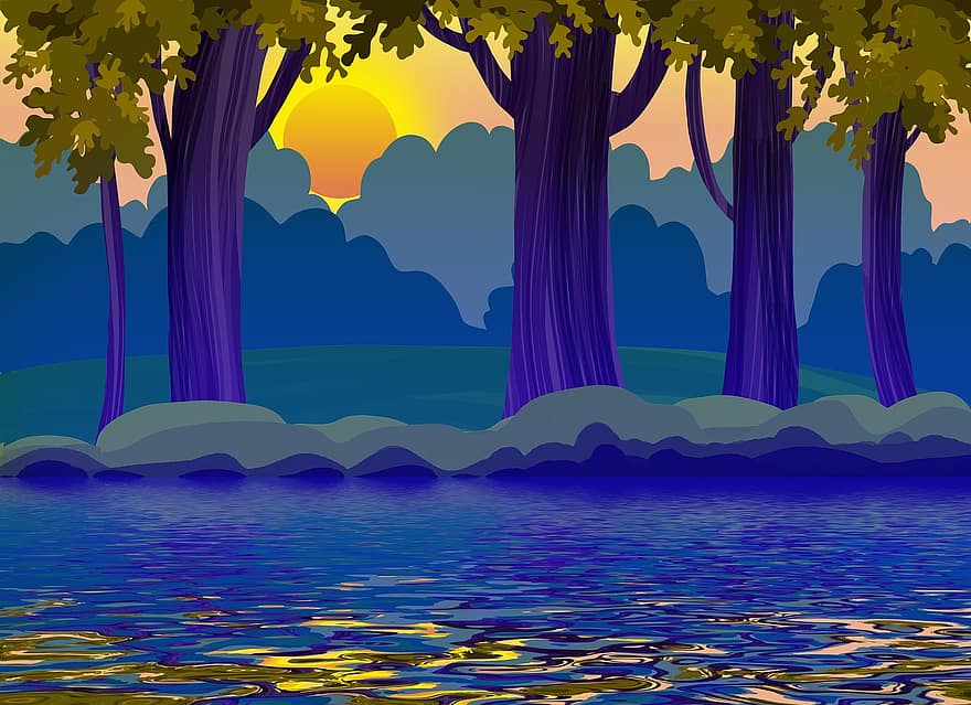 illustration, vektor, skog, natur, flod, sjö, vatten, gryning, solnedgång, bakgrund, figur