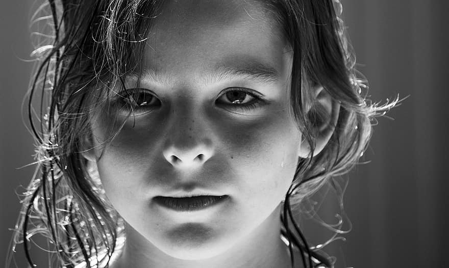 Child, Girl, Face, Eyes, Pretty, Portrait, Cheeky, Close Up, Black And White, Human, Head