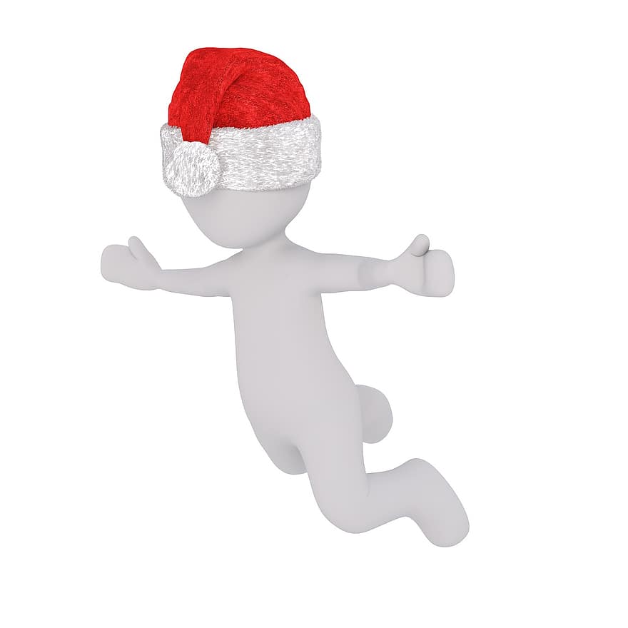 baltas vyras, 3D modelis, izoliuotas, 3d, modelis, Viso kūno, balta, santa skrybėlę, Kalėdos, 3d santa skrybėlę, skraidantis