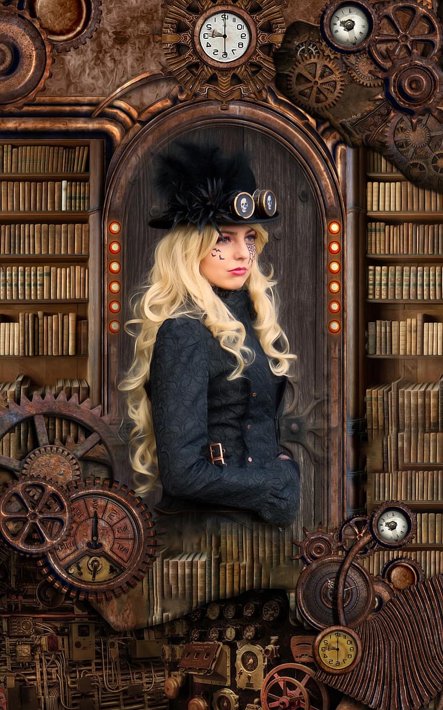 vrouw, wijnoogst, karakter, steampunk, Victoriaans, boeken, fantasie, retro