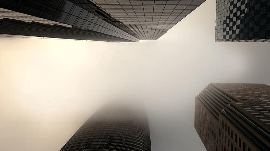 mist, torens, gebouwen, perspectief, architectuur, hoogbouw, wolkenkrabbers, Californië, stad, stedelijk, mistig