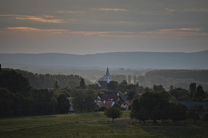 kerk, zonsondergang, wolken, platteland, hemel, Hongarije, toneel-