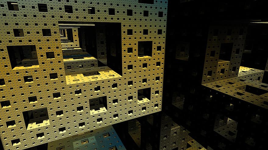 блоки, фрактальный, губка, куб, площадь, геометрический, шаблон, реалистический, поверхность, цифровой, мозаика
