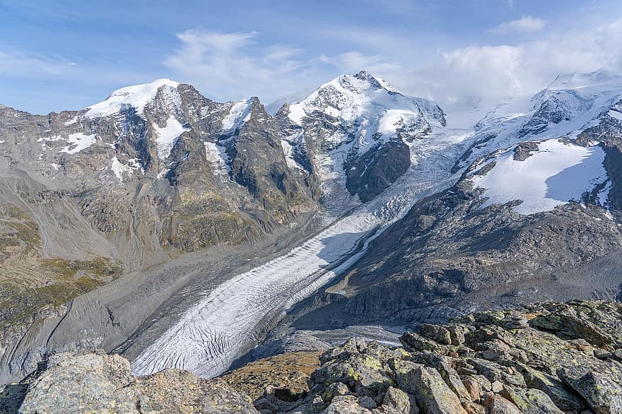 Pxklimatická akce, ledovec, hory, summitu, morteratsch ledovec, Alpy, horské krajiny, bernina, graubünden, švýcarsko, sníh
