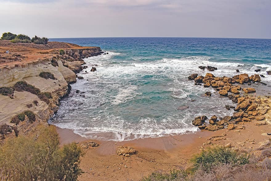 plage, mer, falaise, côte, l'automne, paysage, Kapparis, Chypre