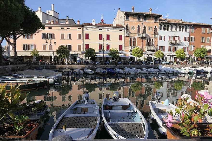 лодки, река, кей, Десенцано, Бреша, Ломбардия, Италия, Борго, вода, плавателен съд, известното място