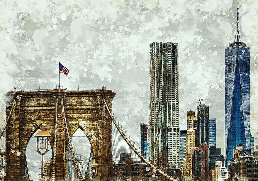 Бруклинский мост, мост, строительство, архитектура, небоскреб, город, городской пейзаж, Бруклинский, Нью-Йорк, акварель