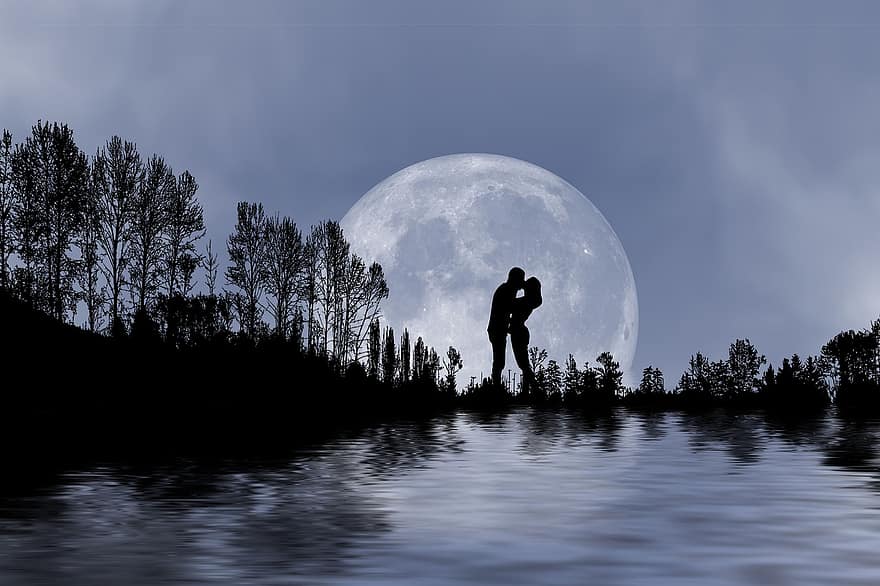 silueta, Pareja, Luna, Luna llena, lago, naturaleza, romántico, romance, reflejo de agua, Beso, arboles