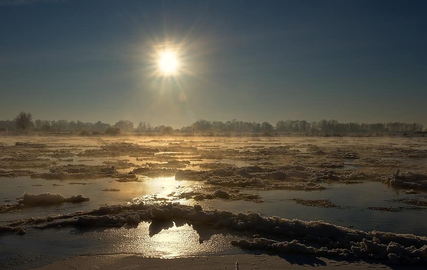 rivière, glaçons, lever du soleil, du froid, la glace, gel, brume, paysage fluvial, brouillard, hiver, congelé