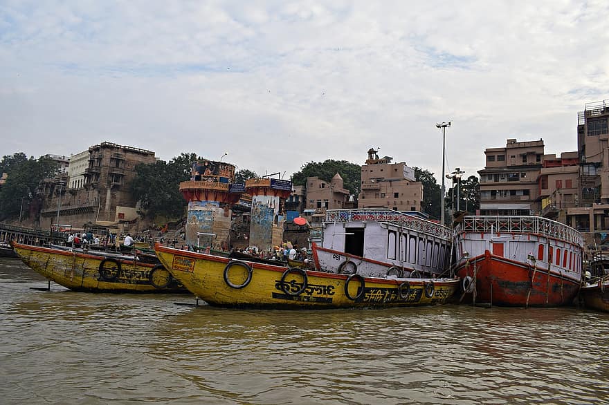 barcos, rio, ganga ghats, varanasi, Índia, agua, viagem, ghat, hinduísmo, hindu, cultura