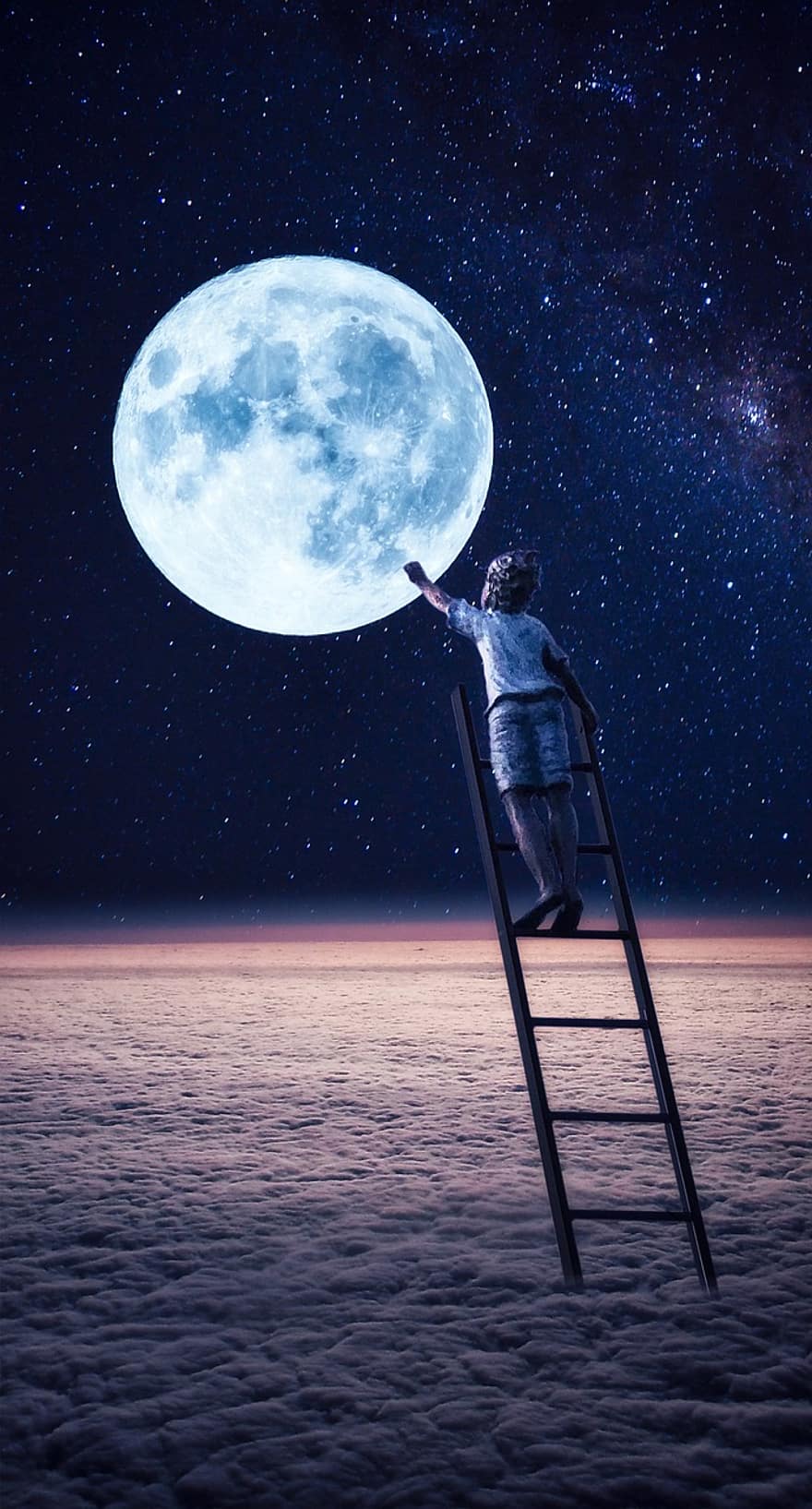 mặt trăng, đêm, thang, đứa trẻ, những đám mây, mơ, đàn ông, không gian, ngân hà, thiên văn học, tối