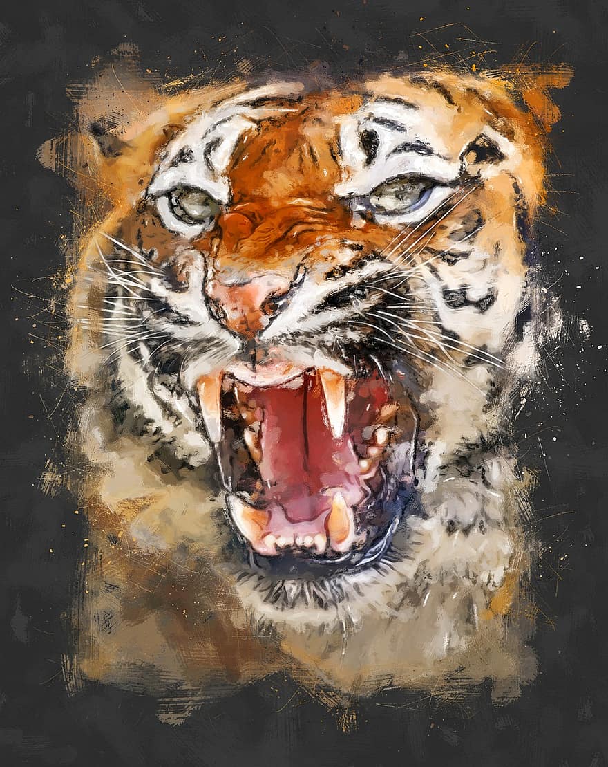 animal, Tigre, mamífero, gato, felino, cabeza, enojado, peligroso, retrato, pintura, gato no domesticado