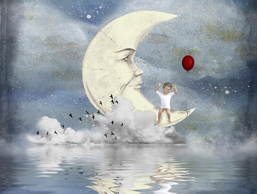 barn, måne, skyer, himmel, ballon, drøm, vand, spiegelung, fugle, eventyr, mystisk