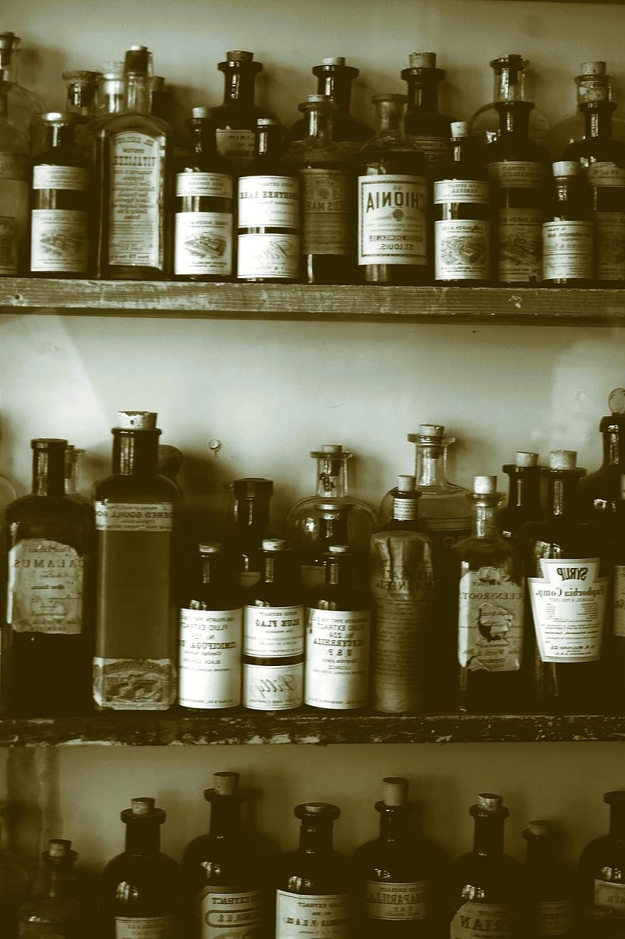apotheek, apotheker, geneeskunde, glas, farmaceutisch, alchimie, ingrediënten, wetenschap, componenten, antiek, oud