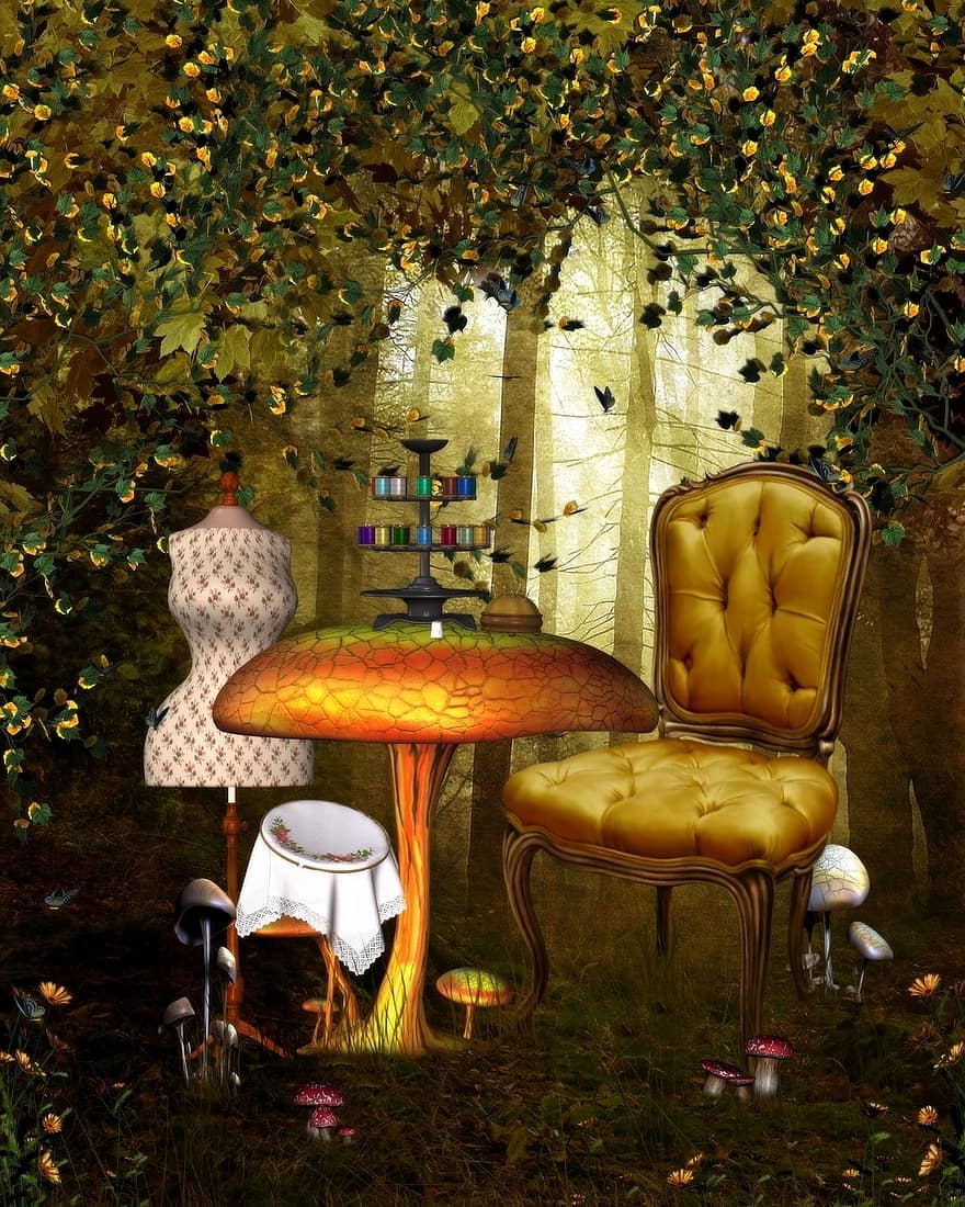 szabadban, ülés, asztal, bútor, természet, szék, nyári, fantázia, tündér, mágikus, erdő