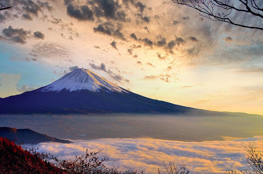 небо, Гора Фудзи, облака, гора, пейзаж, фон, обои на стену, вулкан, пик, встреча на высшем уровне, сельская местность