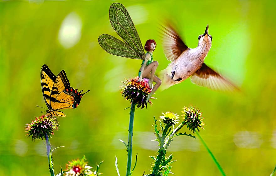 tündér, pillangó, szárnyak, törpe, kolibri, virágzik, tudományos-fantasztikus, szürreális, rejtélyes, virágok, repülő
