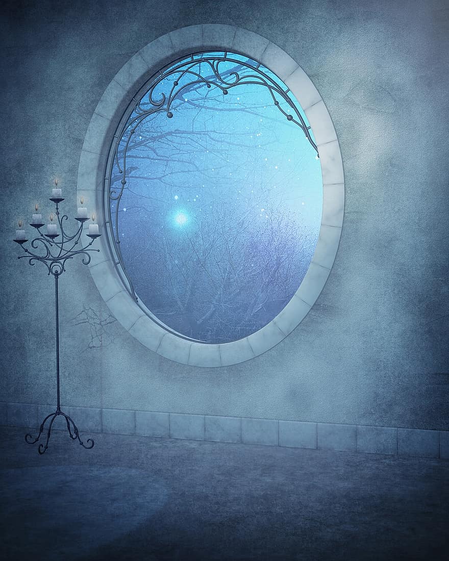 finestra, fantasia, fons, lluna, llum de la lluna
