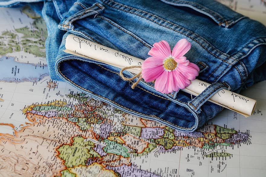 dżinsy, mapa, podróżować, kwiat, przeznaczenie, geografia, Mapa świata, Spodnie, dżinsowa, walizka, kapitał