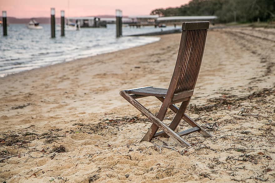 stoel, wijnoogst, kust, zand, zonsondergang, vakantie, humeurig, stijl
