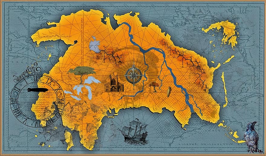 карта, карта на света, фантазия, научна фантастика, континенти, остров, море, картография, илюстрация, физическа география, топография