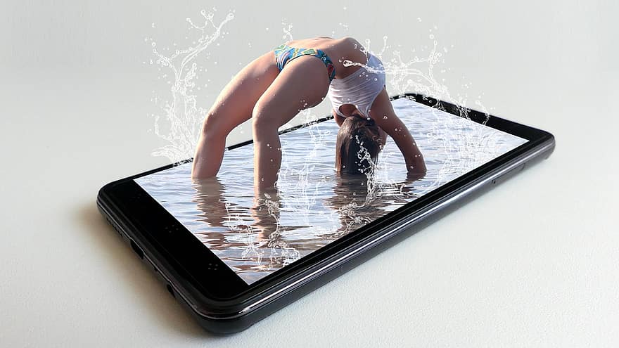 Woman, Smartphone, Water, Gymnastics, Model, Bow Pose, Yoga, Young, Person, Lady, Fashion