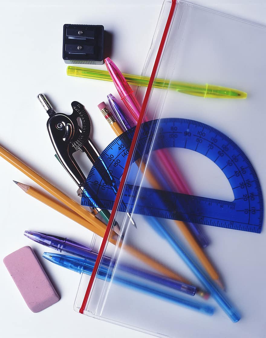 Pencil, Scissors, Protractor, Compass, Scotch, School, Triangle, Line, Class, Table, Pen