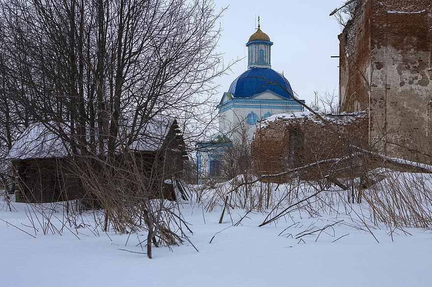църква, село, сняг, Череповец, Църквата на Йоаким и Ана, Носовское