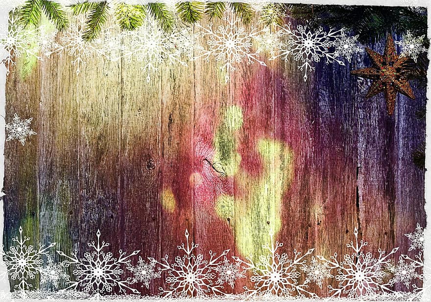 Winter, Weihnachten, Wandtafeln, Holz, Hintergrund, bunt, Schneeflocken, funkeln, Dekoration, leuchtenden