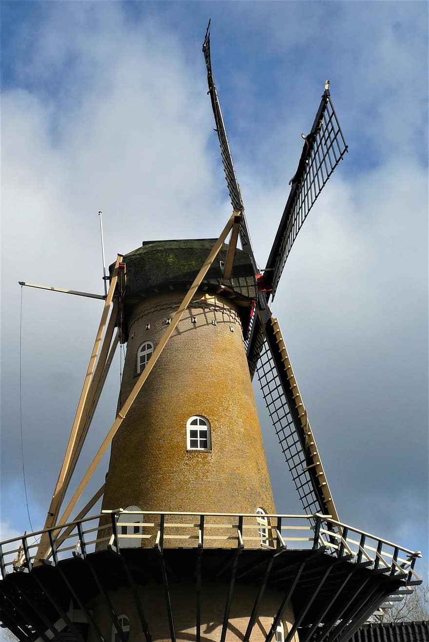 вятърна мелница, мелница, Холандия, архитектура, стар, история, известното място, син, изградена конструкция, култури, дърво