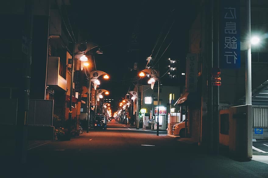 Japonija, gatvė, kelionė, turizmą, naktis, gatvės šviesos, šviečia, architektūra, miesto gyvenimas, susiliejimas, pastato išorė
