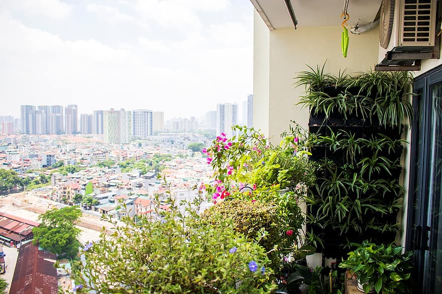 balcon, jardin de fleurs, ville, condominium, les plantes, jardin, paysage urbain