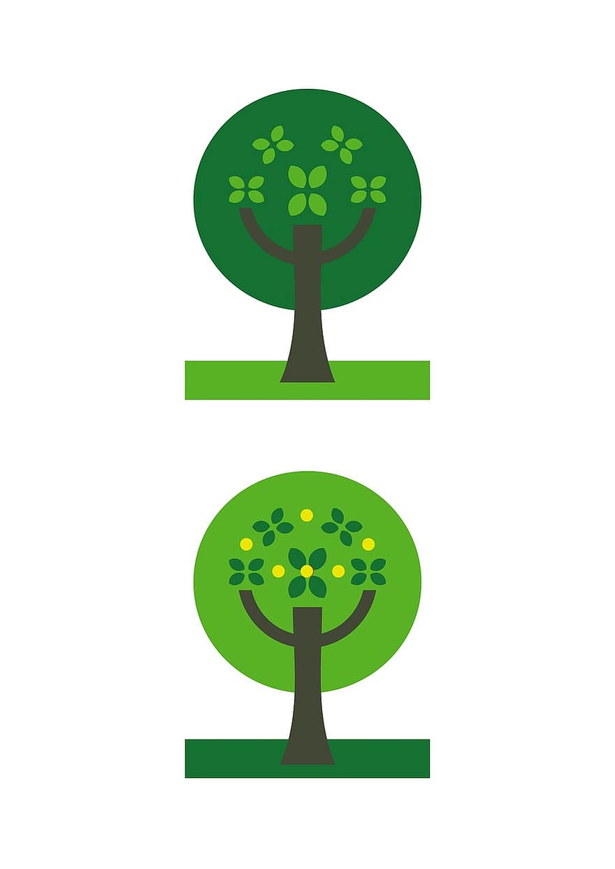 arbre, símbol, icona, planta, naturalesa, conjunt, verd, arbre caducifoli, arbre fruiter, simplement, dibuix