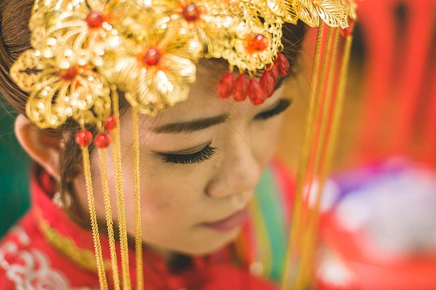 la mariée, mariage, Couronnes Phénix, traditionnel, chinois, Culture, femelle, robe, de mariée