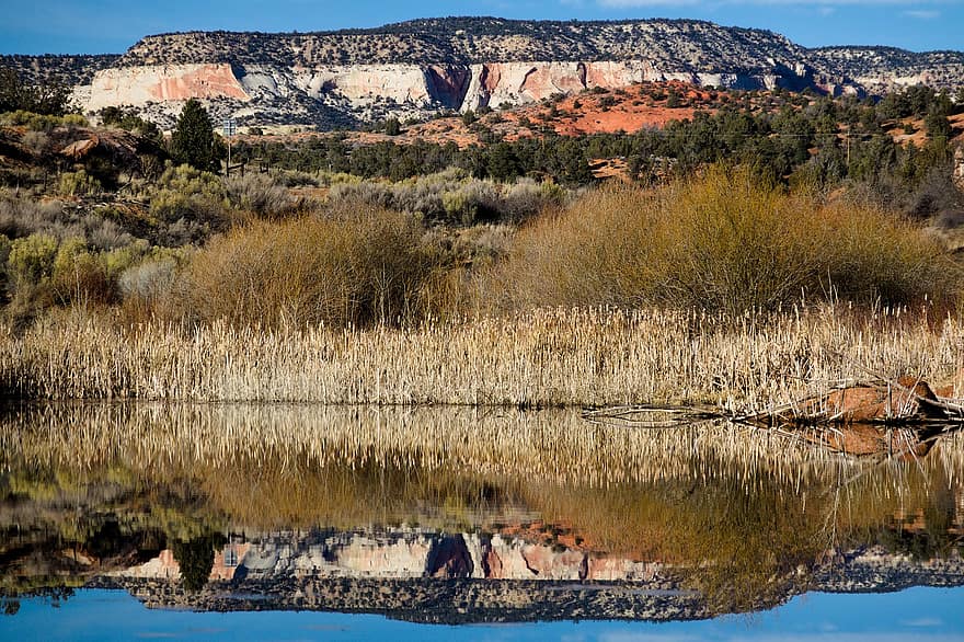 Utah, zandsteen, water, reflectie, rots, vorming, zuidwesten, mesa, landschap, buitenshuis, hemel