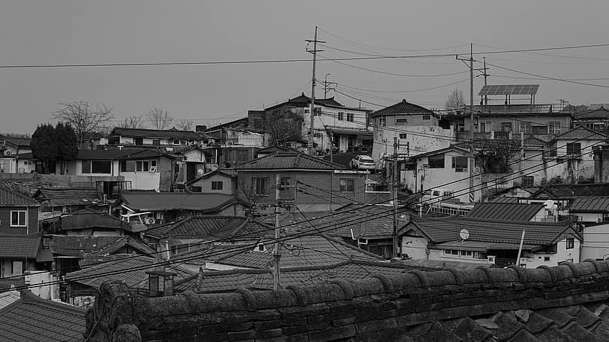 māja, dakstiņu māja, ciemats, dzīvojamais rajons, pilsēta, pelēkā mērogā, retro, melns un balts, brīvs, Bukjeong ciems, jumts