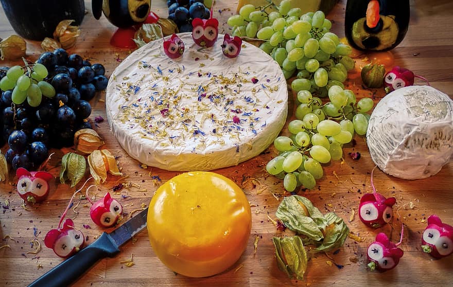 Käseplatte, ost, radiser, mus, dekoration, vindruer, mad, ost plade, blød ost, gourmet, ernæring