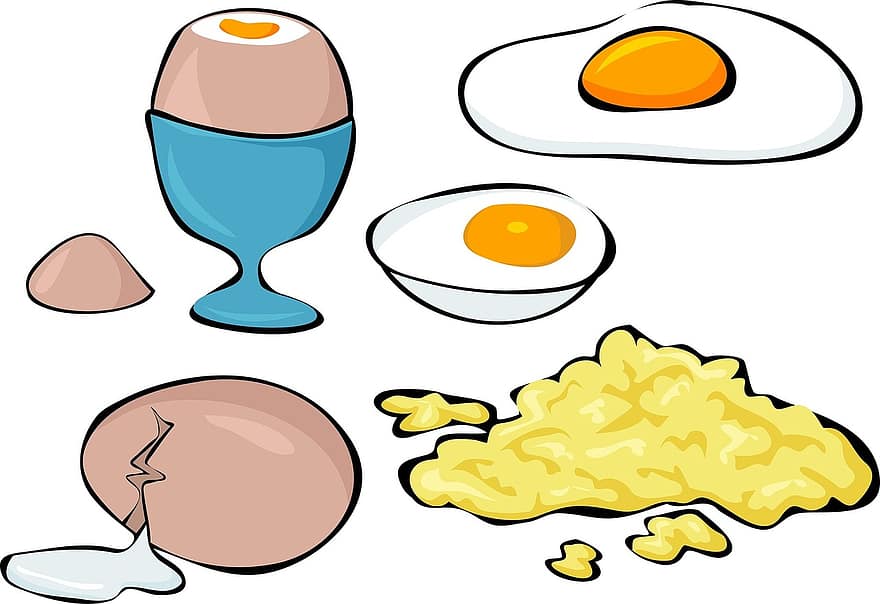 Eggs, Variety, Boiled Egg, Fried Egg, Scrambled Egg, Diet, Food, Assorted, Meal, Dairy, Snack