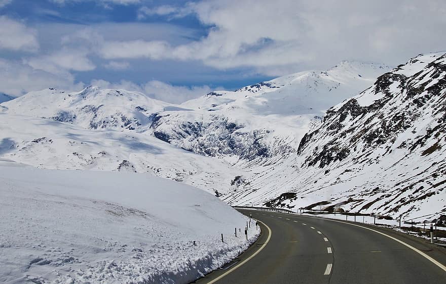 út, hegyek, hó, járda, úttest, útvonal, aszfalt, hideg, téli, tájkép, Alpok