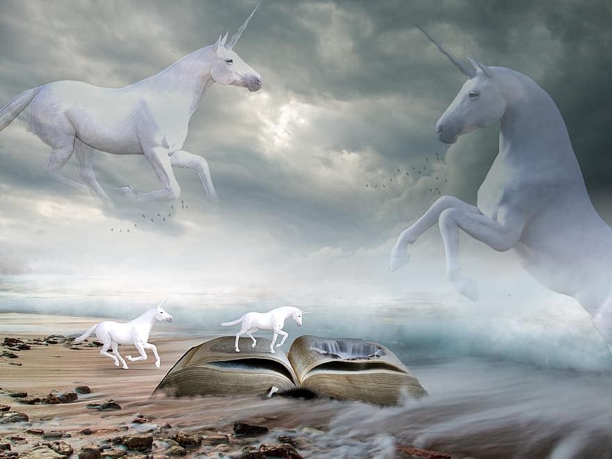 Unicorns, Sea, Landscape, Beach, Wave, Nature, Sky, Ocean, Surf, Fantasy, Mystical