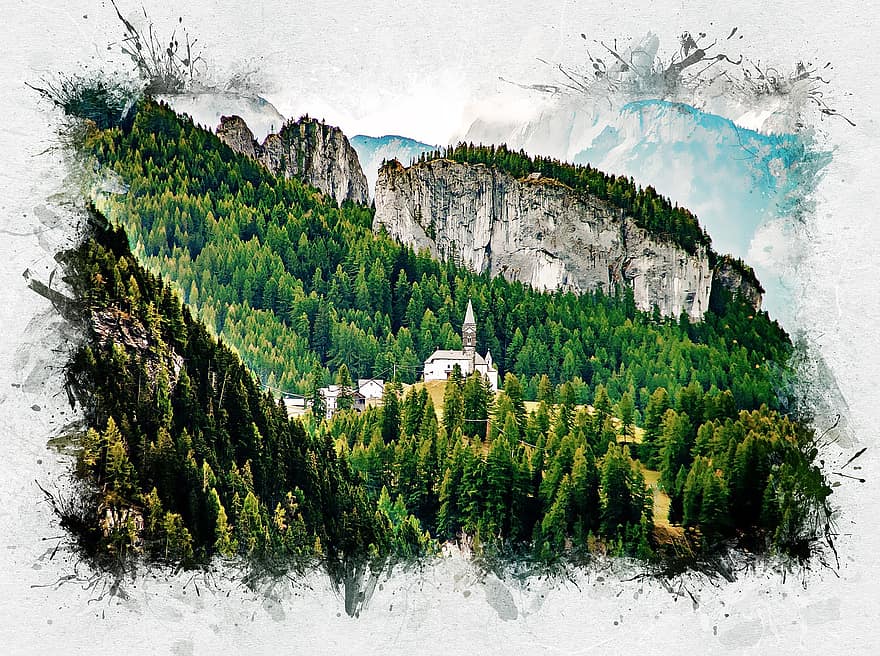 Bažnyčia Kalnų miške, Dolomitinės Alpės, Alpės, meninis, ruduo, fonas, badia, belluno, dolomitai, dolomiti, miškas