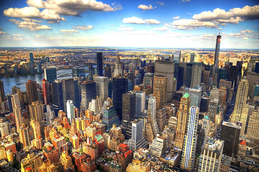 Ню Йорк, град, сгради, небостъргачи, силует, градски пейзаж, градски, в центъра, Емпайър Стейт Билдинг, Манхатън, САЩ